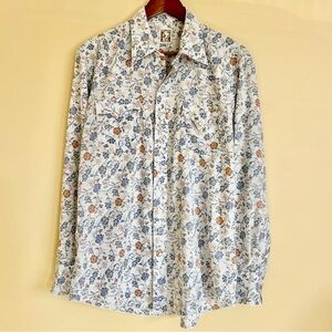Karman| Vintage Floral Men’s Blue Brown Western Snap-Up Shirt w/Pockets Sz S